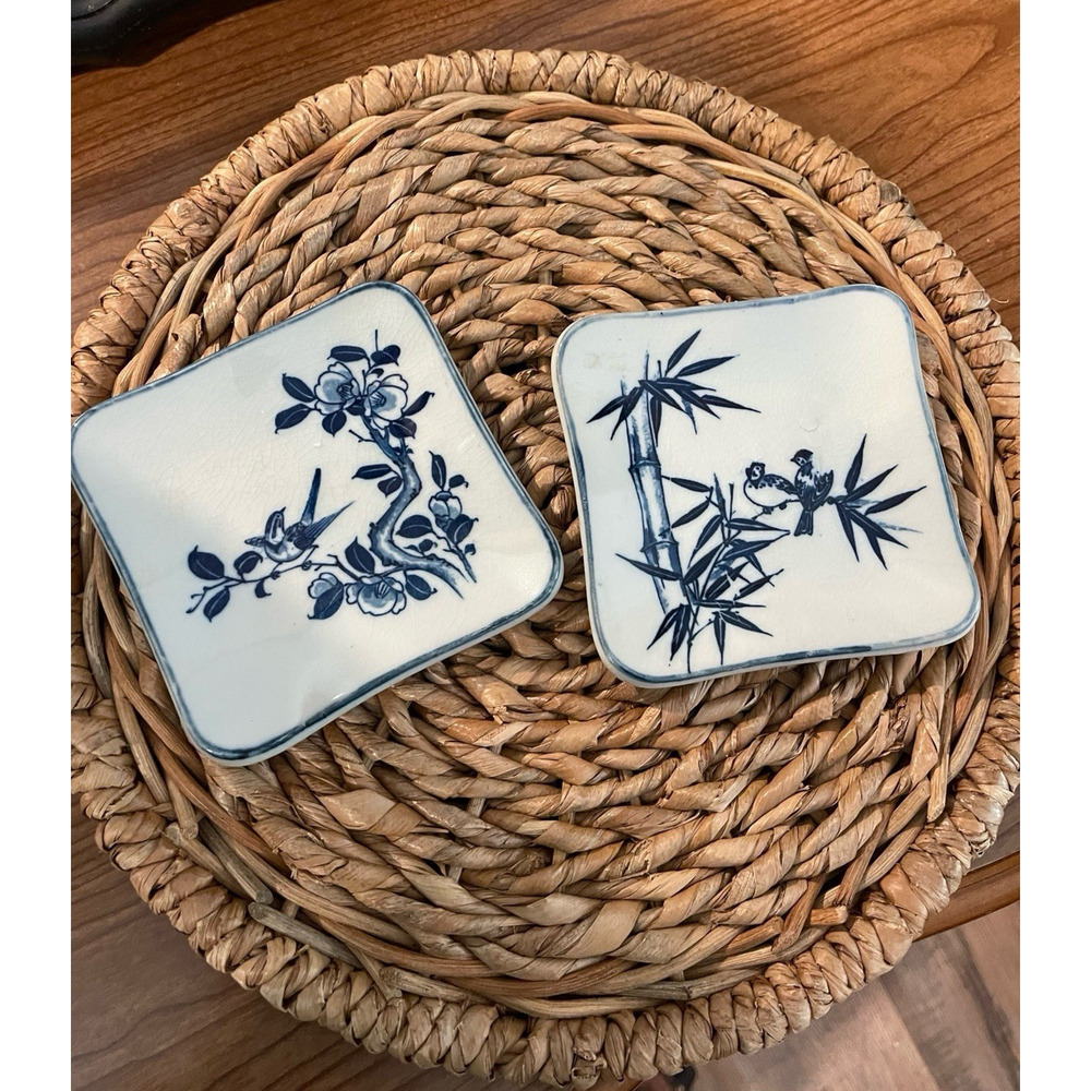 Vintage Otagiri Japan Asian Blue White Trinket Dish Set of 2 Porcelain Floral